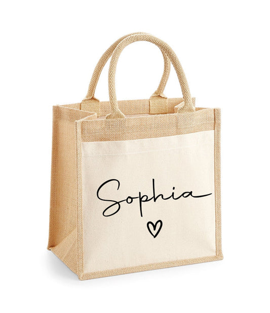 Personalised Jute Lunch Bag with Name & Heart, Personalised Work Bag, Eco Friendly Office Bag, Teacher Bag, Tote Bag, Shopper Bag, Woman Bag