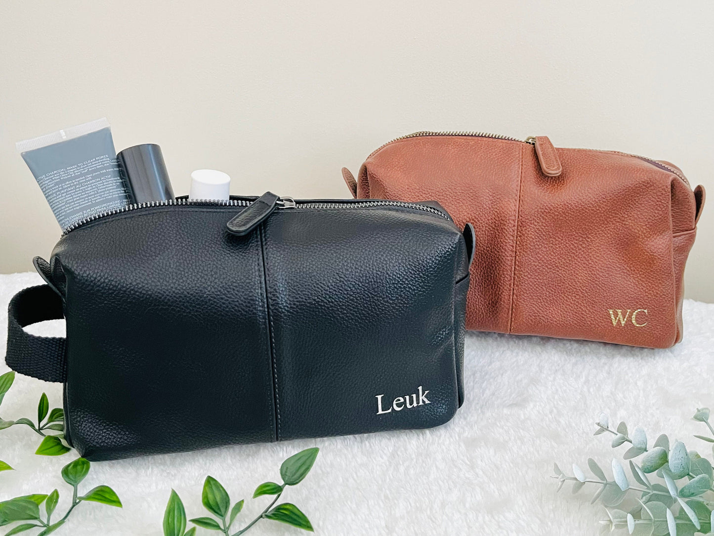 Personalised Toiletry Wash Bag with Initials or Name for Him, Dad, Best Man, Groom, Groomsmen, Fathers Day Gift, Leather Look, Shower Bag