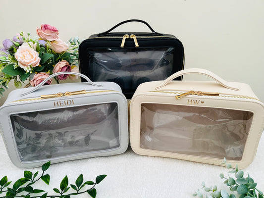 Personalised Travel Vanity Case, Custom Clear Travel Cosmetic Bag, Personalized Makeup Bag for Travelling, Carry On Toiletry, Gift For Her