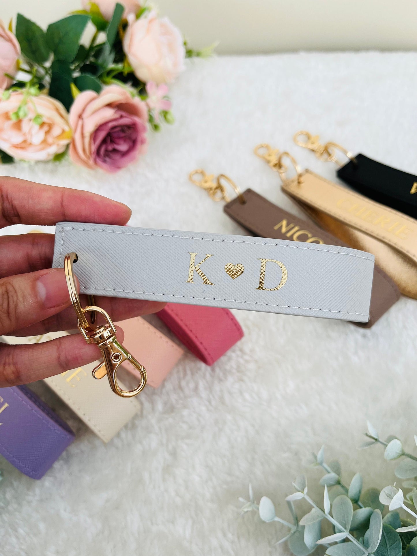 Personalised Wristlet Keyring, monogrammed strap key ring, initials gift, personalised gift, loop car keychain, faux saffiano leather