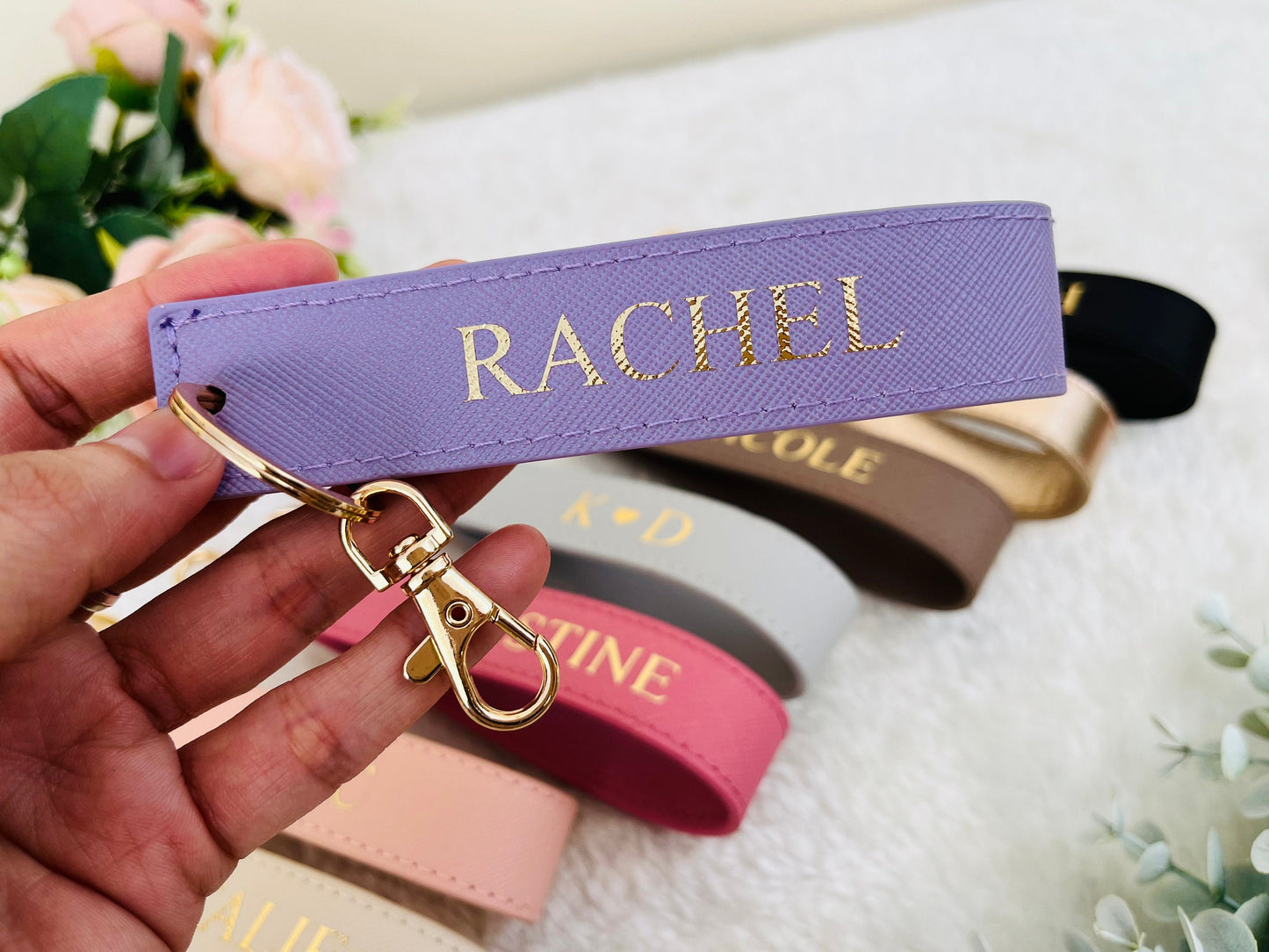 Personalised Wristlet Keyring, monogrammed strap key ring, initials gift, personalised gift, loop car keychain, faux saffiano leather