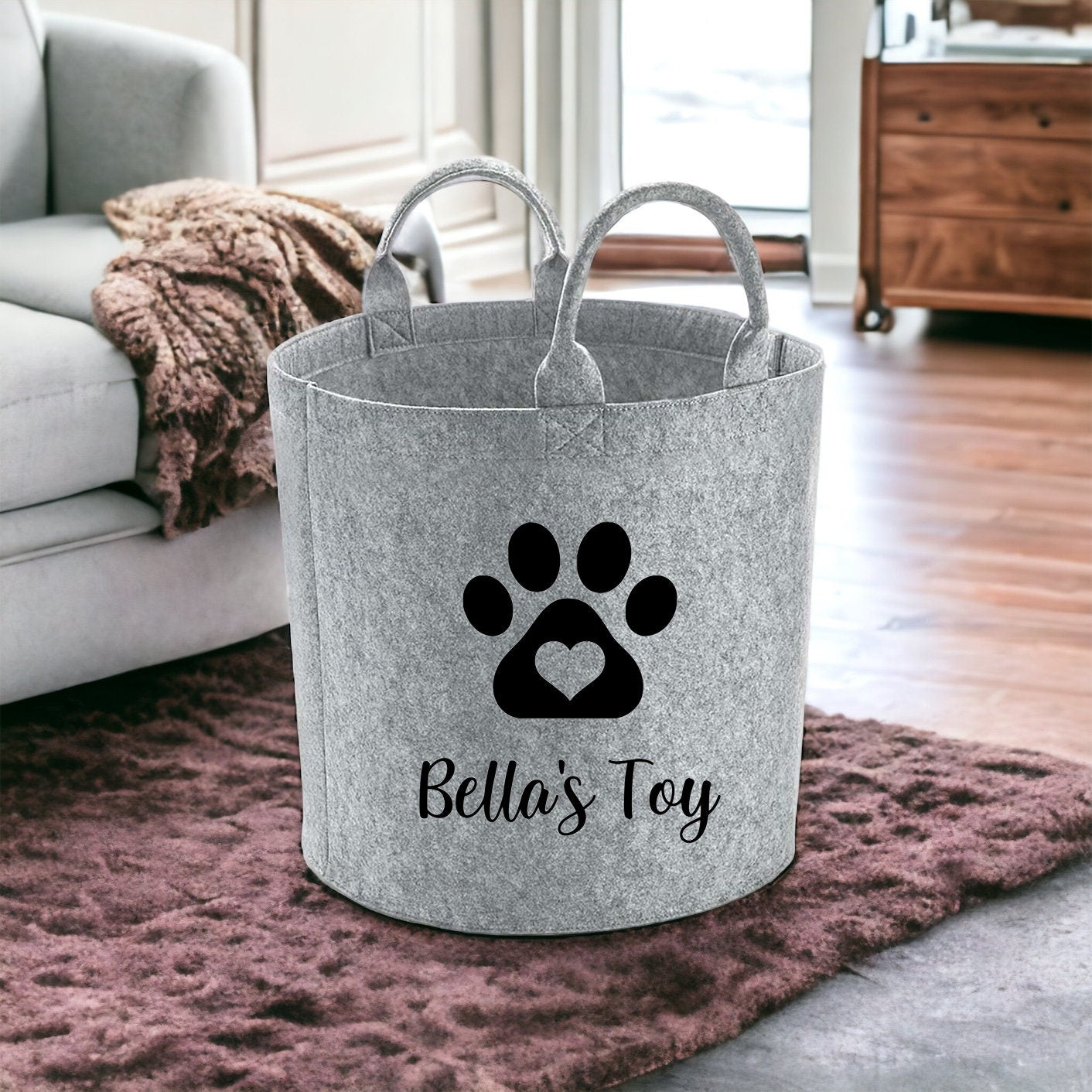 Custom made personalised pet storage basket, dog toy basket, felt storage, Gifts for pets, Pet homeware, Personalised dog gift, New pet gift