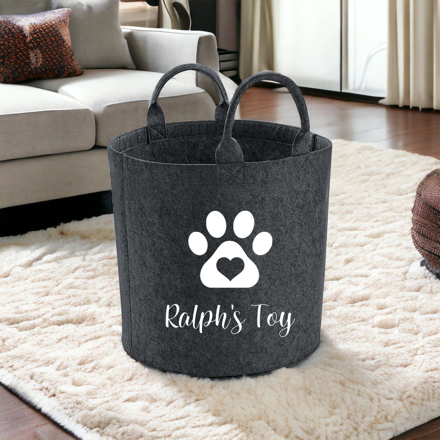Custom made personalised pet storage basket, dog toy basket, felt storage, Gifts for pets, Pet homeware, Personalised dog gift, New pet gift