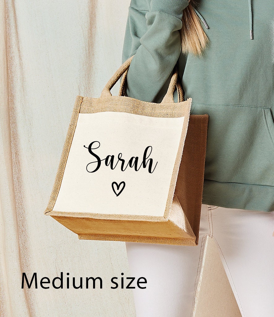 Personalised Jute Lunch Bag with Name & Heart, Personalised Work Bag, Eco Friendly Office Bag, Teacher Bag, Tote Bag, Shopper Bag, Woman Bag