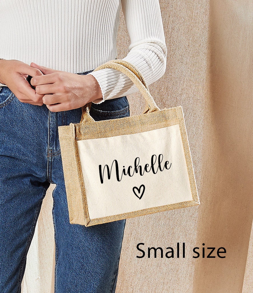 Personalised Jute Lunch Bag with Name & Heart, Personalised Work Bag, Eco Friendly Office Bag, Teacher Bag, Tote Bag, Shopper Bag, Woman Bag