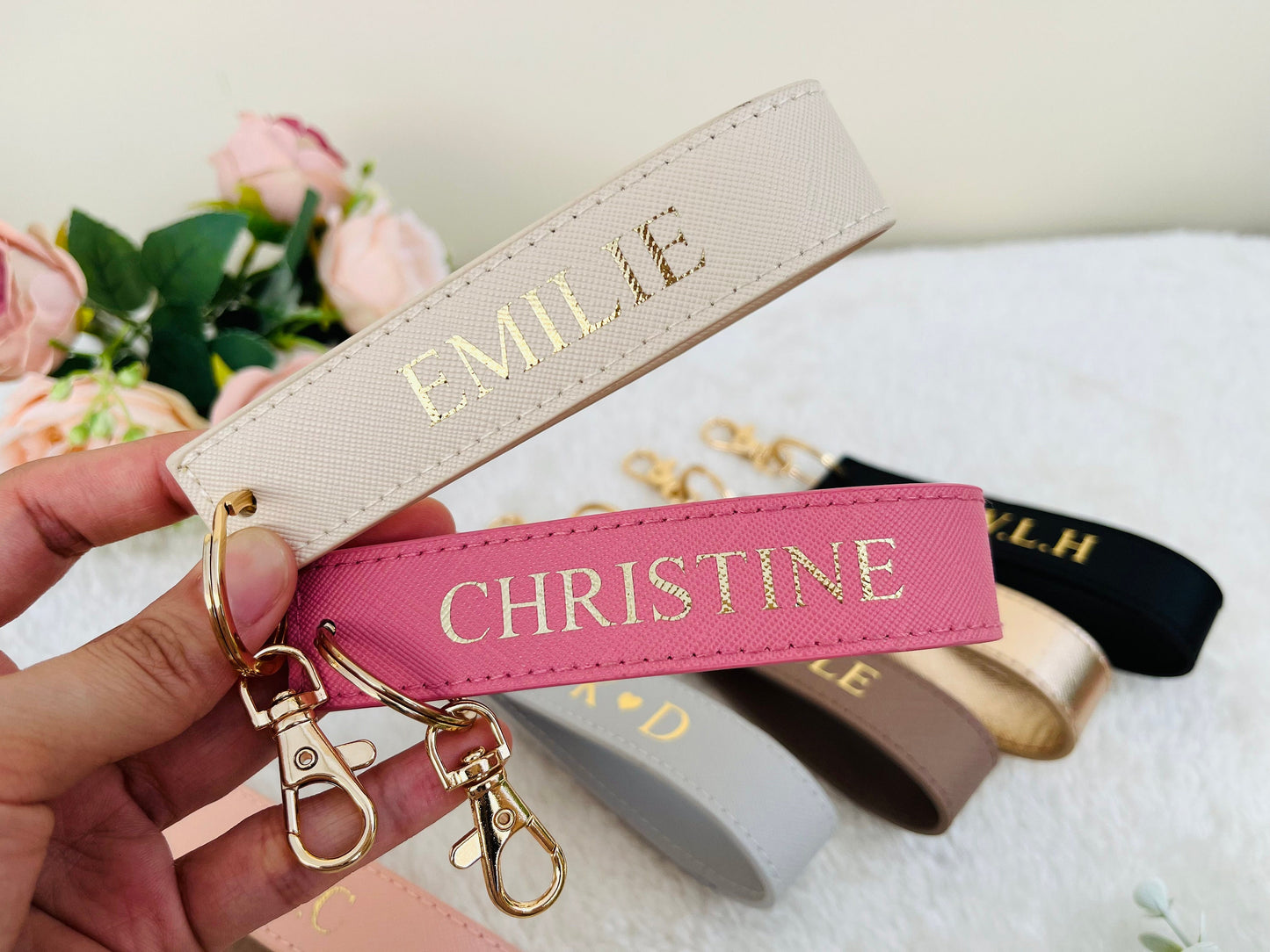 Personalised Wristlet Keyring, monogrammed strap key ring, initials gift, personalised gift, loop car keychain, faux saffiano leather