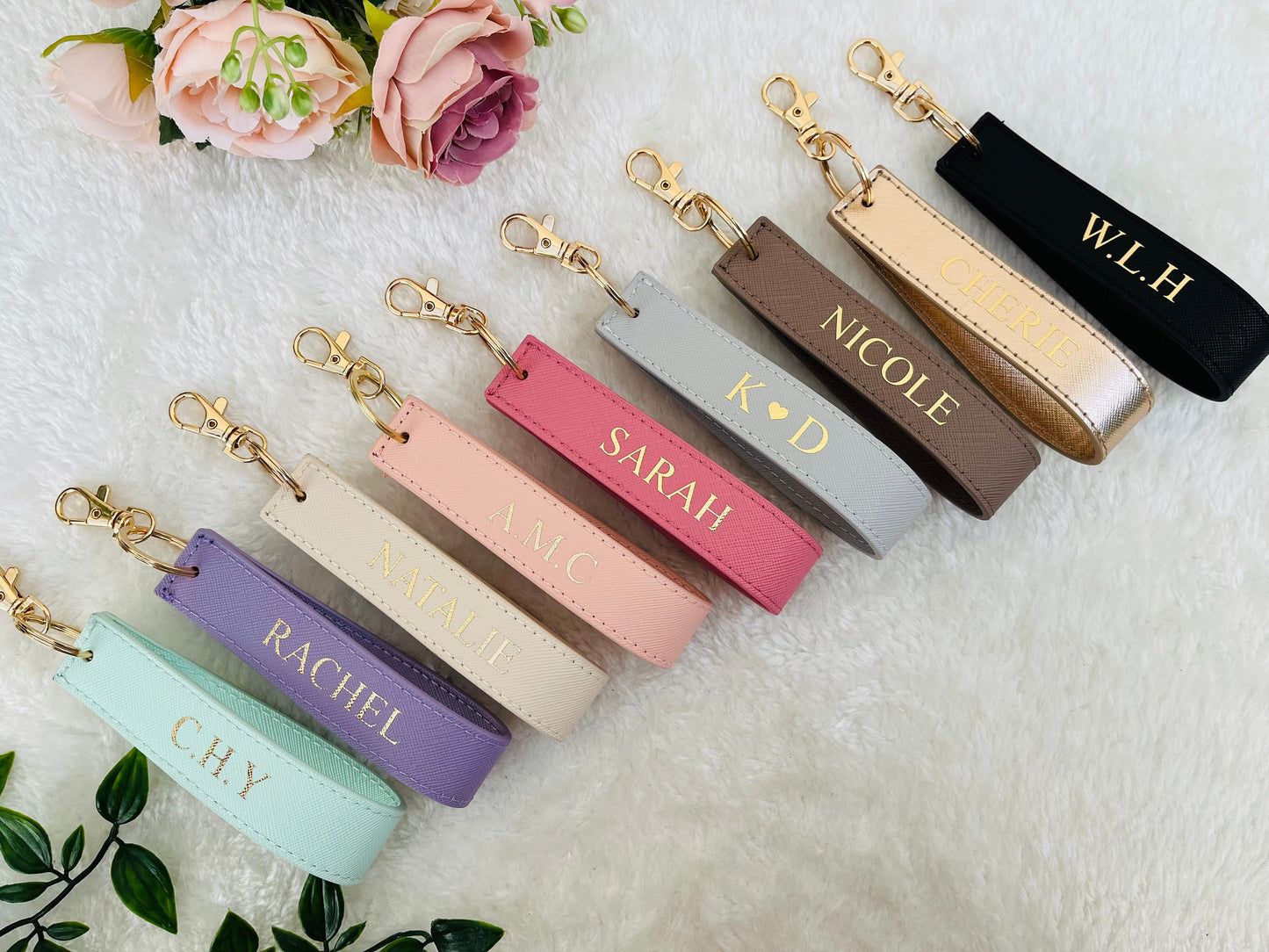Personalised Wristlet Keyring, monogrammed strap key ring, initials gift, personalised gift, loop car keychain, faux saffiano leather