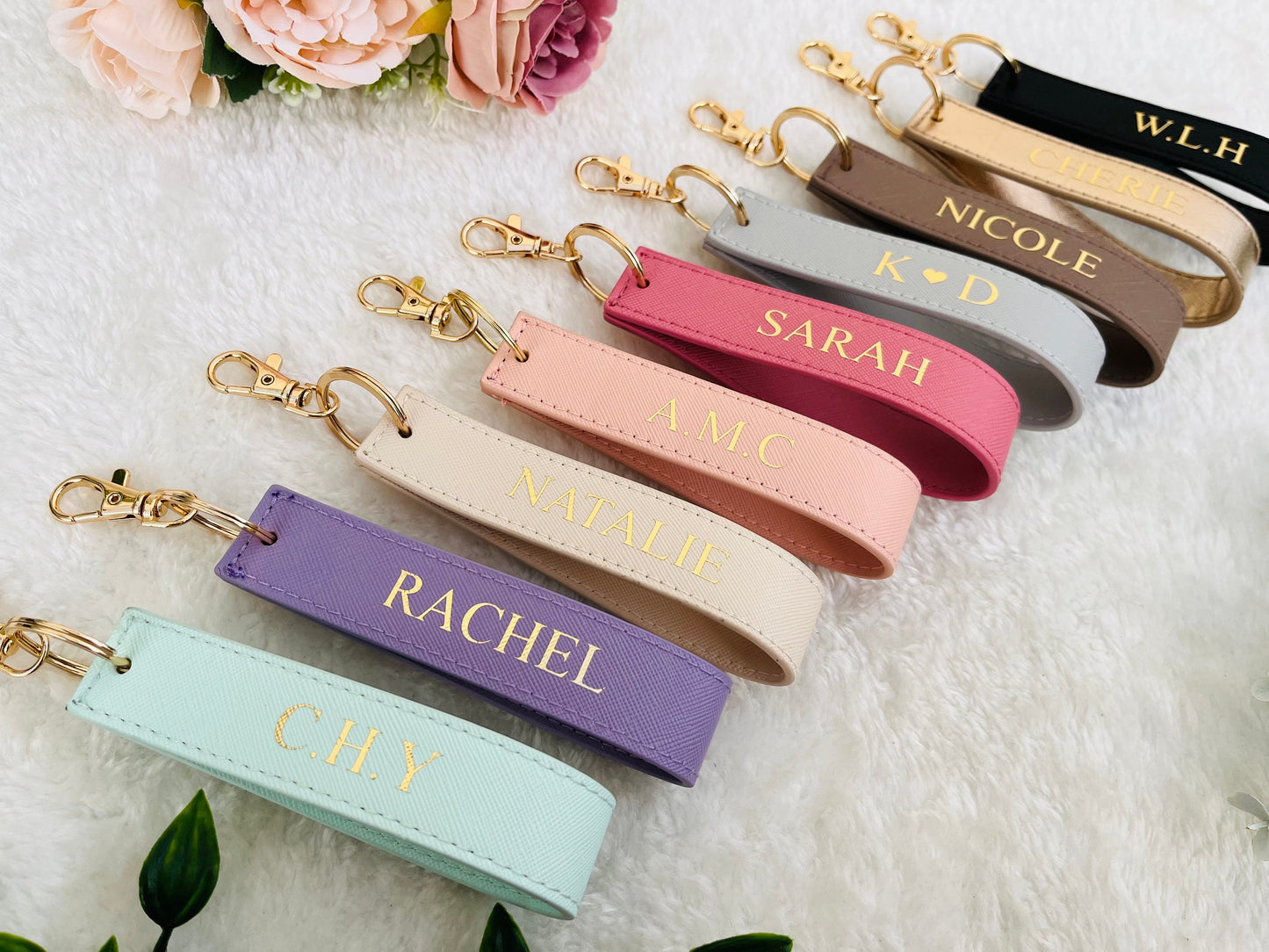 Personalised Wristlet Keyring, monogrammed strap key ring, initials gift, personalised gift, loop car keychain, faux saffiano leather
